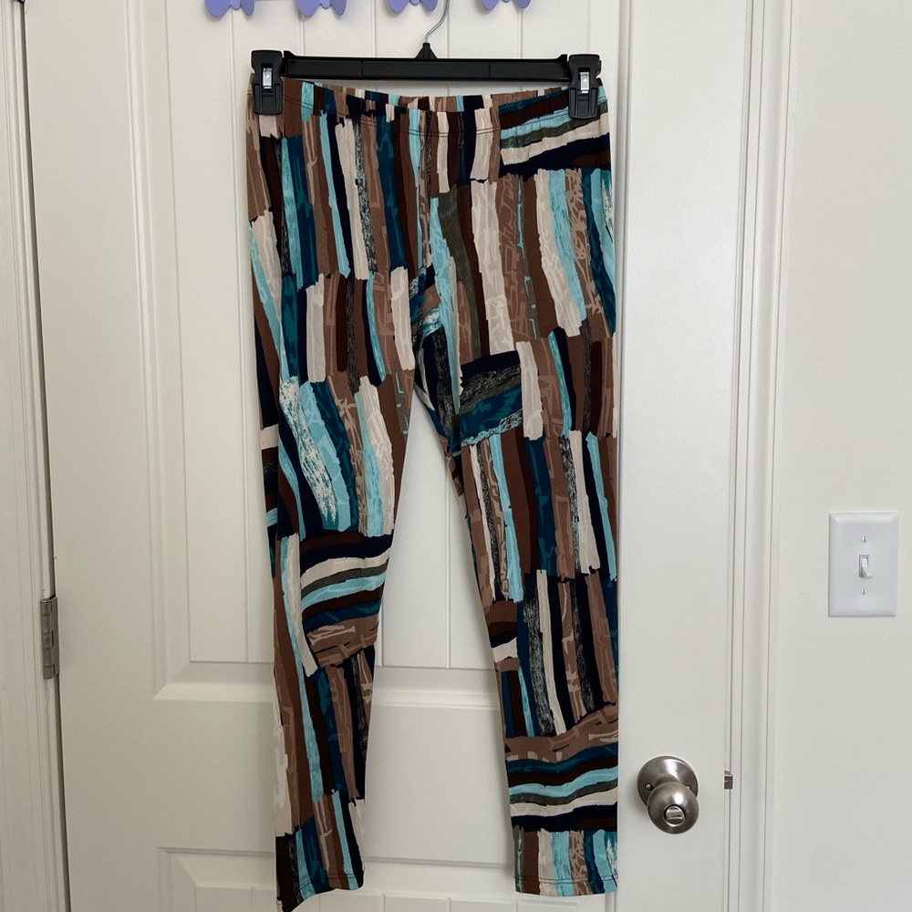 NWOT LBISSE women’s abstract brown tan blue soft and smooth leggings‎ large